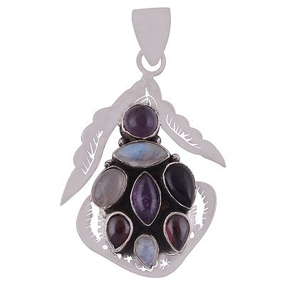 32. Gorgeous Seated Pattern of Multiple Gemstone Amethyst,Garnet,Rainbow Moonstone,Rose Quartz,Black Onyx Multi Shapes 925 Sterling Solid Silver Pendant  Item No.:  R8400040-14