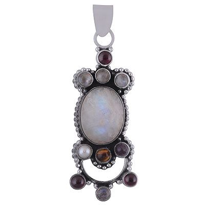 31. Beautiful Multicoloured Gemstone Amethyst,Garnet,Rainbow Moonstone,Tiger&#39;s Eye,Pearl, Round,Oval Shape 925 Sterling Solid Silver PendantItem No.:  R8400041-20