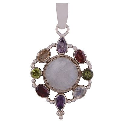 33. Gorgeous Handcrafted Gemstone Cluster Amethyst,Garnet,Peridot,Citrine,Rainbow Moonstone, Oval,Round,Pear Shape 925 Sterling Solid Silver PendantItem No.:  R8400007-5