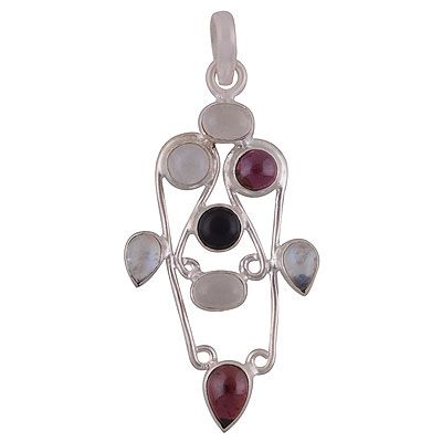 35. Alluring Abstract of Multicoloured Gemstones Garnet,Rainbow Moonstone,Rose Quartz,Black Onyx Multi Shapes 925 Sterling Solid Silver Pendant  Item No.:  R8400042-13