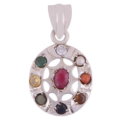 52. Beautiful Navratna Gemstones Around Ruby, Pearl, Corel, Emerald, Cubic Zirconia, Sapphire, Cats Eye, Hessonite, Yellow Sapphire Round,Oval Shape 925 Sterling SolidSilver Pendantitem No: R9800004-1