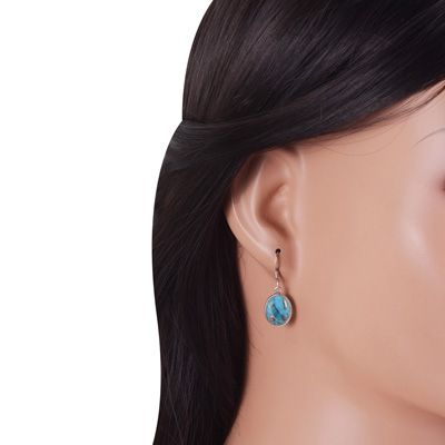 1. Alluring Plain Bezel Blue Copper Turquoise Oval Shape 925 Sterling Solid Silver Dangle EarringsItem No.:  R1502010-1