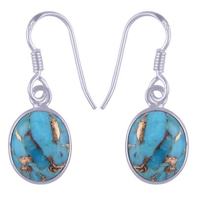 1. Alluring Plain Bezel Blue Copper Turquoise Oval Shape 925 Sterling Solid Silver Dangle EarringsItem No.:  R1502010-1