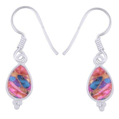 3. Gorgeous With Rawa Bezel Pink Dahlia Copper Turquoise Pear Shape 925 Sterling Solid Silver Dangle Earrings  Item No.:  R1502005-3
