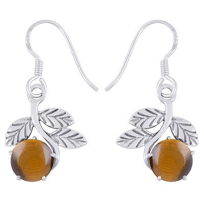 6. Gorgeous Handcrafted stem w/Leaves Around Tiger&#39;s Eye Round Shape 925 Sterling Solid Silver Dangle EarringsItem No.:  R1501995-11