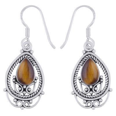 10. Alluring Wire And Rawa Work Around Tiger&#39;s Eye Pear Shape 925 Sterling Solid Silver Dangle EarringsItem No.:  R1501985-11