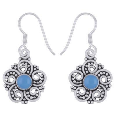 11. Alluring Flower Work Around Blue Chalcedony Round Shape 925 Sterling Solid Silver Dangle EarringsItem No.:  R1501984-9