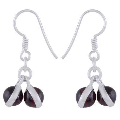 5. Gorgeous Gemstone Ball/Beads Hanging Garnet Round Shape 925 Sterling Solid Silver Dangle EarringsItem No.:  R1502000-1