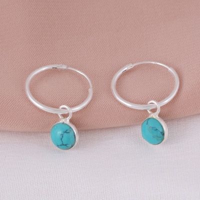 12. Gorgeous Hanging Gemstone Turquoise Round Shape 925 Sterling Solid Silver Hoop EarringsItem No.:  R1501979-53