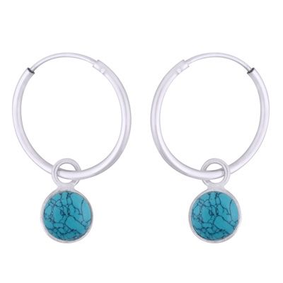 12. Gorgeous Hanging Gemstone Turquoise Round Shape 925 Sterling Solid Silver Hoop EarringsItem No.:  R1501979-53