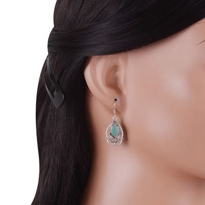 9. Alluring Wire And Rawa Work Around Aqua Chalcedony Pear Shape 925 Sterling Solid Silver Dangle EarringsItem No.:  R1501985-10