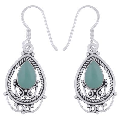 9. Alluring Wire And Rawa Work Around Aqua Chalcedony Pear Shape 925 Sterling Solid Silver Dangle EarringsItem No.:  R1501985-10