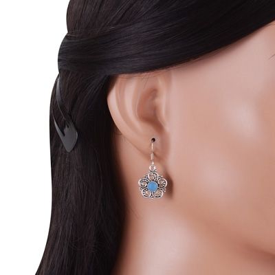 11. Alluring Flower Work Around Blue Chalcedony Round Shape 925 Sterling Solid Silver Dangle EarringsItem No.:  R1501984-9