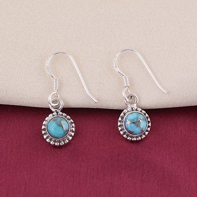 14. Stunning Rawa Work Around Blue Copper Turquoise Round Shape 925 Sterling Solid Silver Dangle EarringsItem No.:  R1501978-1