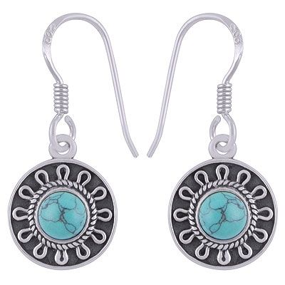 20. Stunning Wire Pattern Around Turquoise Round Shape 925 Sterling Solid Silver Dangle Earrings  Item No.:  R1501929-3