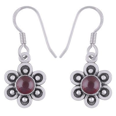 23. Beautiful Flower Rawa Around Garnet Round Shape 925 Sterling Solid Silver Dangle EarringsItem No.:  R1501922-2