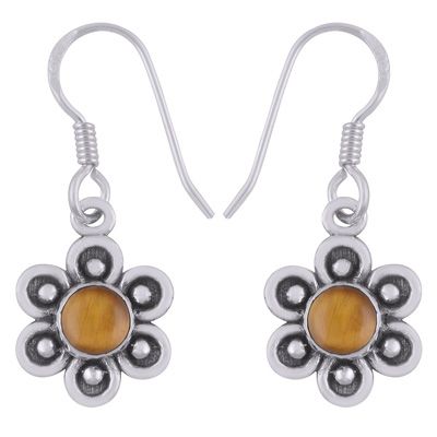 24. Beautiful Flower Rawa Around Tiger&#39;s Eye Round Shape 925 Sterling Solid Silver Dangle EarringsItem No.:  R1501922-8