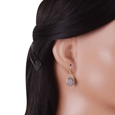 27. Beautiful Rawa Work Around Rose Quartz Oval Shape 925 Sterling Solid Silver Dangle Earrings  Item No.:  R1501911-43