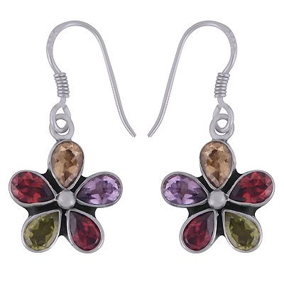 41. Gorgeous Handcrafted Flower Amethyst,Garnet,Citrine,Peridot Pear Shape 925 Sterling Solid Silver Dangle Earrings  Item No.:  R3501195-1