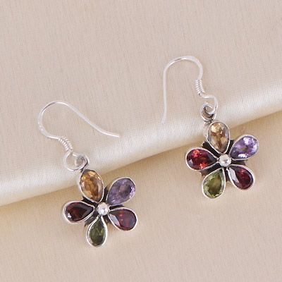 41. Gorgeous Handcrafted Flower Amethyst,Garnet,Citrine,Peridot Pear Shape 925 Sterling Solid Silver Dangle Earrings  Item No.:  R3501195-1