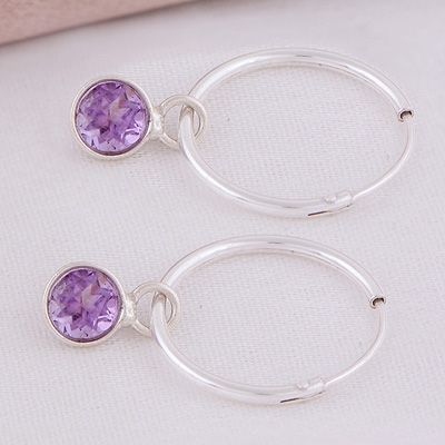 42. Gorgeous Hanging Gemstone Amethyst Round Shape 925 Sterling Solid Silver Hoop EarringsItem No.:  R3501217-51