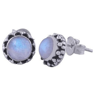 4. Beautiful Rawa Work Around Rainbow Moonstone Round Shape 925 Sterling Solid Silver Studs EarringsItem No.:  R6100607-34