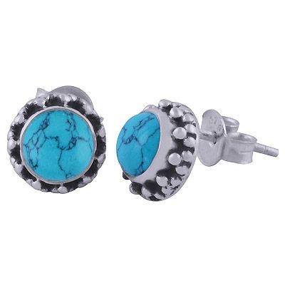 3. Beautiful Rawa Work Around Turquoise Round Shape 925 Sterling Solid Silver Studs EarringsItem No.:  R6100607-33