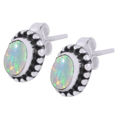 1. Gorgeous Rawa Work Around Ethiopian Opal Oval Shape 925 Sterling Solid Silver Studs Earrings  Item No.:  R6100630-1