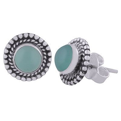 5. Gorgeous Textured Work Around Aqua Chalcedony Round Shape 925 Sterling Solid Silver Studs EarringsItem No.:  R6100594-10