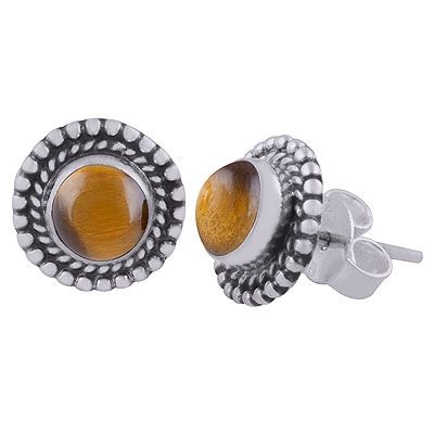 6. Gorgeous Textured Work Around Tiger&#39;s Eye Round Shape 925 Sterling Solid Silver Studs EarringsItem No.:  R6100594-11