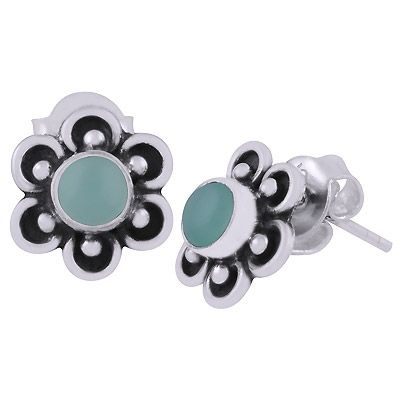 9.Beautiful Flower Work Around Aqua Chalcedony Round Shape 925 Sterling Solid Silver Stud Earrings  Item No.:  R6100590-30