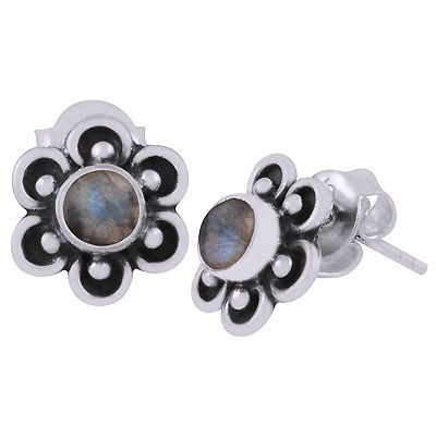 8. Beautiful Flower Work Around Labradorite Round Shape 925 Sterling Solid Silver Stud EarringsItem No.:  R6100590-25
