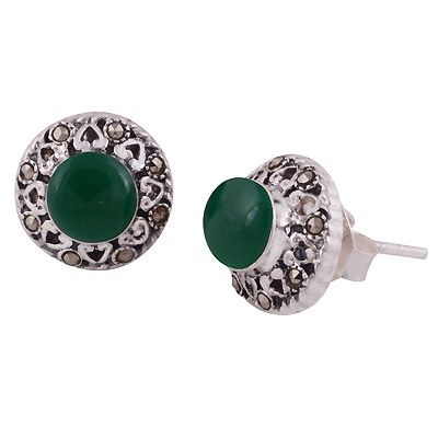 17. Magnificent Flower Studded w/ Gemstone Marcasite,Green Onyx Round Shape 925 Sterling Solid Silver Studs Earrings Item No.:  R6500704-3