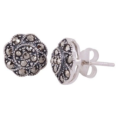21. Alluring Studded w/ Gemstone Marcasite Round Shape 925 Sterling Solid Silver Studs Earrings  Item No.:  R6500693-1