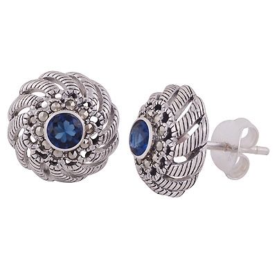 18. Beautiful Gemstone Studded Around Marcasite,Blue Corundum Round Shape 925 Sterling Solid Silver Studs Earrings  Item No.:  R6500696-3