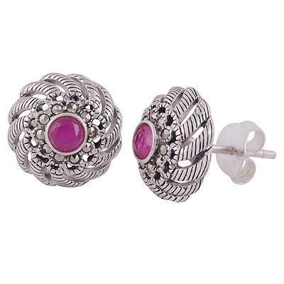 19. Beautiful Gemstone Studded Around Marcasite,Red Corundum Round Shape 925 Sterling Solid Silver Studs EarringsItem No.:  R6500696-1