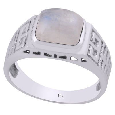2. Gorgeous Stone Studded Work Around Rainbow Moonstone Rectangle Shape 925 Sterling Solid Silver Ring