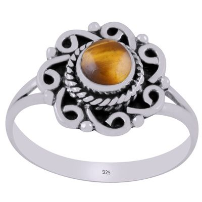3. Gorgeous Handcrafted Work Around Tiger&#39;s Eye Round Shape 925 Sterling Solid Silver Ring