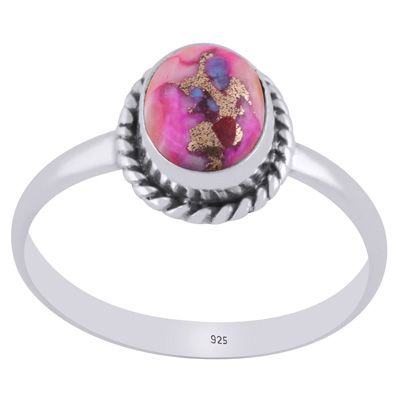4. Authentic Wire Work Around Pink Dahlia Copper Turquoise Oval Shape 925 Sterling Solid Silver Ring