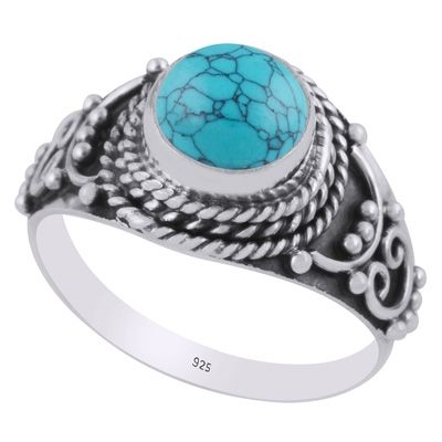 12. Beautiful Handcrafted Work Around Turquoise Round Shape 925 Sterling Solid Silver RingItem No.:  R3403446-3