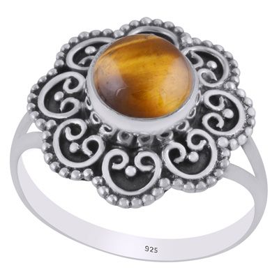 13. Magnificent Flower Handcrafted Around Tiger&#39;s Eye Round Shape 925 Sterling Solid Silver RingItem No.:  R3403445-11