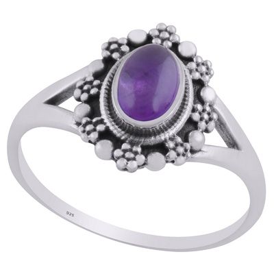26. Beautifully Flower Rawa Work Around Amethyst Oval Shape 925 Sterling Solid Silver RingItem No.:  R3403227-1