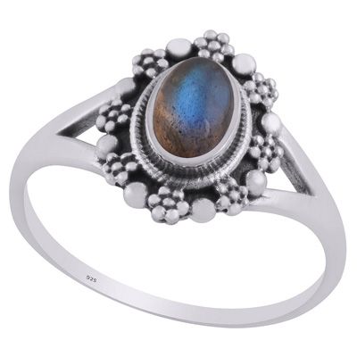 27. Beautifully Flower Rawa Work Around Labradorite Oval Shape 925 Sterling Solid Silver Ring  Item No.:  R3403227-5