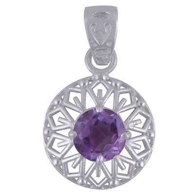 76. Stunning Pattern Around Amethyst Round Shape 925 Sterling Solid Silver Pendant  Item No.:  R300862-1