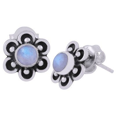28. Beautiful Flower Work Around Rainbow Moonstone Round Shape 925 Sterling Solid Silver Stud Earrings  Item No.:  R6100590-24