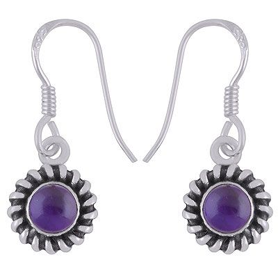 48. Beautiful Handcrafted Work Around Amethyst Round Shape 925 Sterling Solid Silver Dangle Earrings  Item No.:  R1501919-1