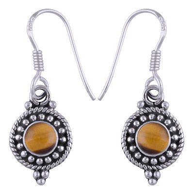 51. Stunning Rawa &amp; Twisted Wire Work Around Tiger&#39;s Eye Round Shape 925 Sterling Solid Silver Dangle Earrings  Item No.:  R1500461-119