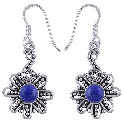 52. Handcrafted Flower Around Lapis Round Shape 925 Sterling Solid Silver Earrings  Item No.:  R1501718-19