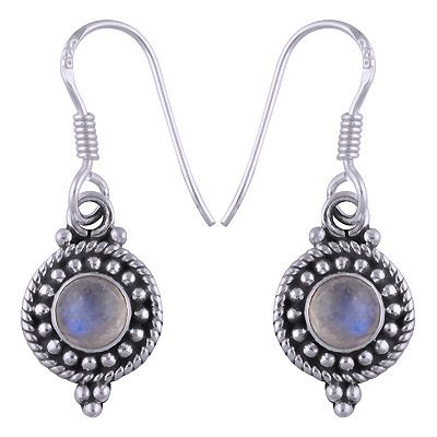 50. Stunning Rawa &amp; Twisted Wire Work Around Rainbow Moonstone Round Shape 925 Sterling Solid Silver Dangle Earrings  Item No.:  R1500461-62