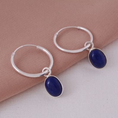 53. Gorgeous Hanging Gemstone Lapis Oval Shape 925 Sterling Solid Silver Hoop Earrings  Item No.:  R1501980-56
